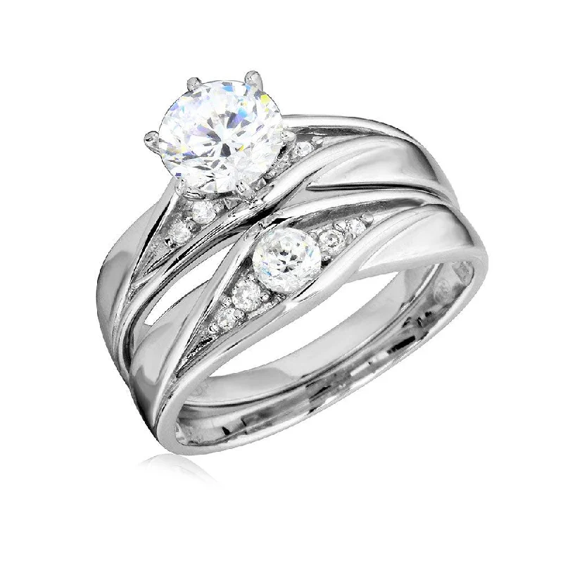 Rhodium Plated 925 Sterling Silver Round CZ Center Stone Wedding Ring - GMR00184