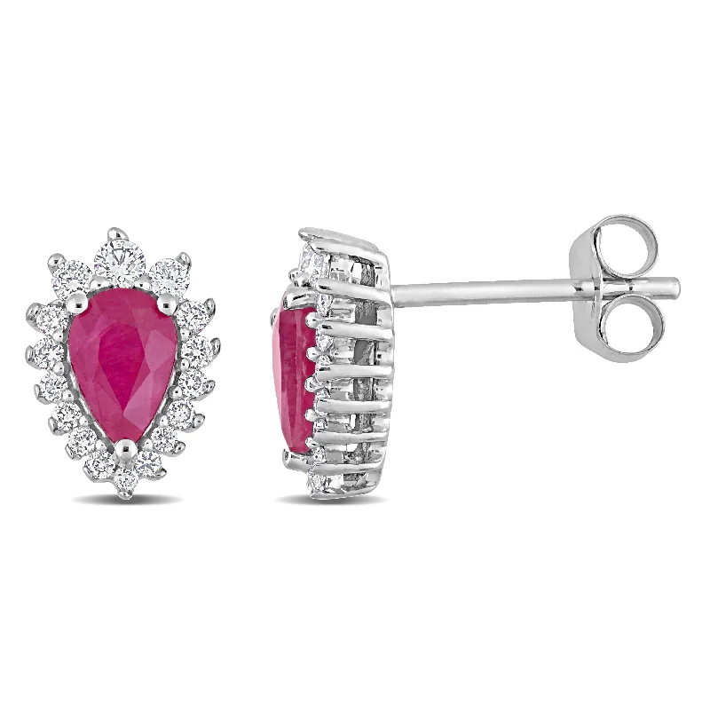 Miadora Pear-cut Ruby and 1/4ct TDW Diamond Graduated Halo Teardrop Stud Earrings in 14k White Gold