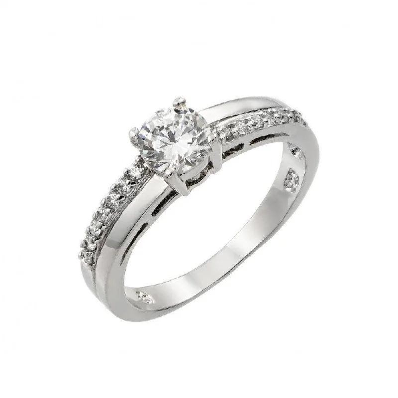 Silver 925 Rhodium Plated Clear Round Center CZ Bridal Ring - BGR00867