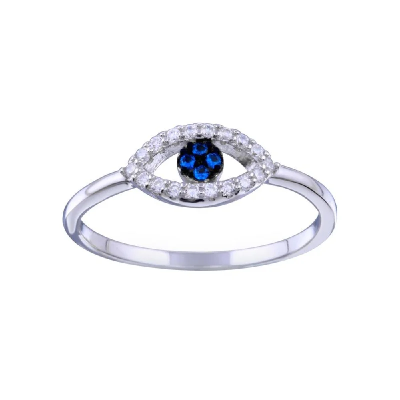 Rhodium Plated 925 Sterling Silver Blue and Clear CZ Evil Eye Ring - BGR01339