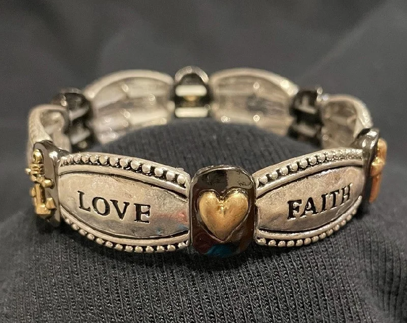 Faith, Hope, Love stretch bangle bracelet w/ brown and silver tones