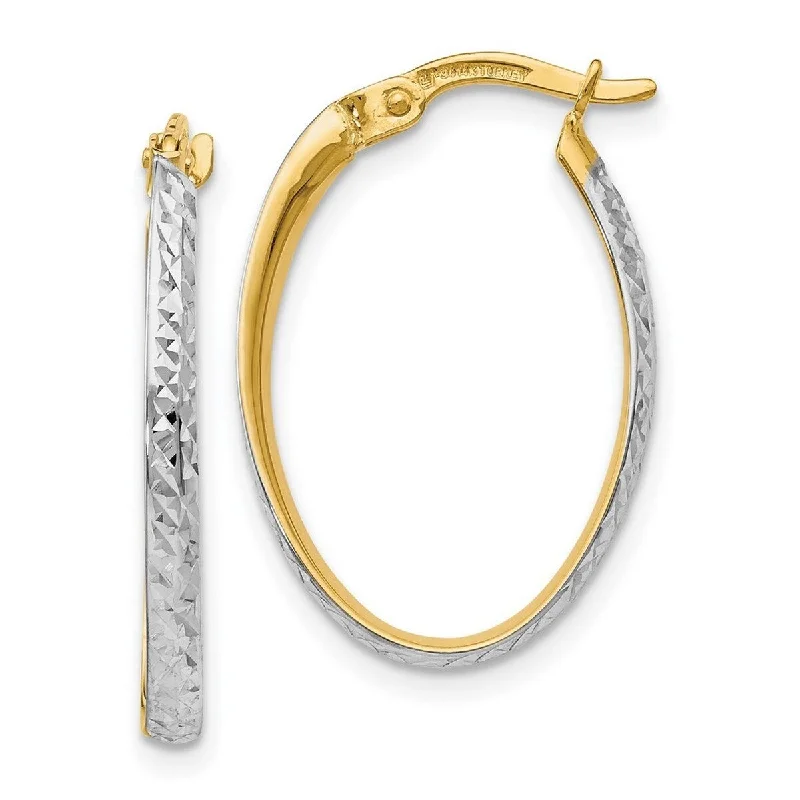 Curata 14k Yellow Gold With Rhodium 23x2mm Diamond Cut Oval Hoop Earrings