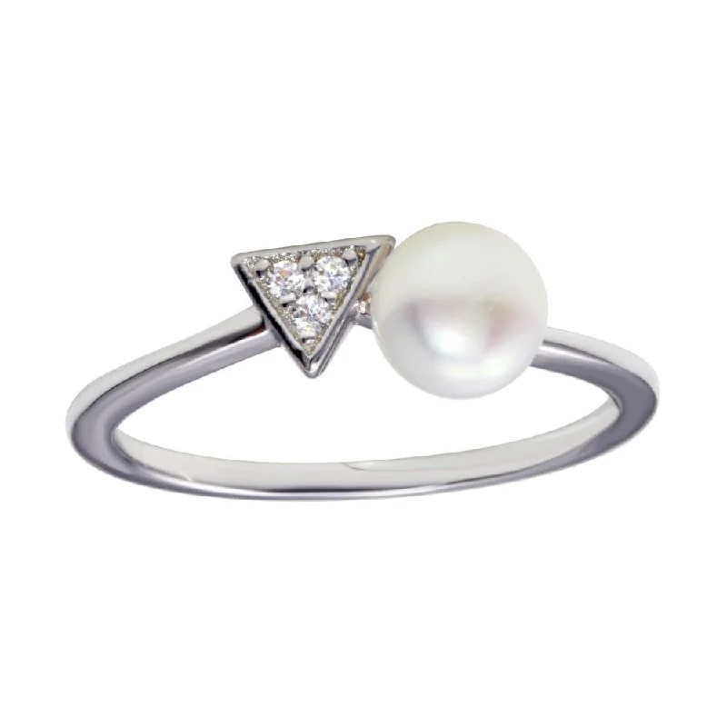 Rhodium Plated 925 Sterling Silver CZ and Synthetic Pearl Ring - BGR01188