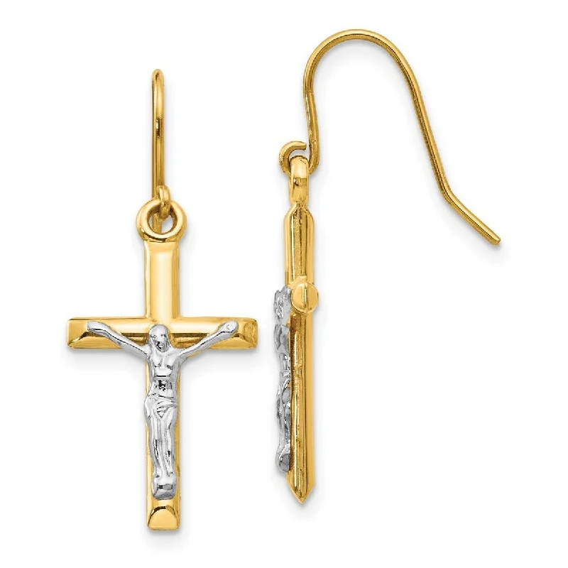 Curata 14k Two-Tone Gold Crucifix Cross Hook Drop Earrings (12mmx30mm) - Orange