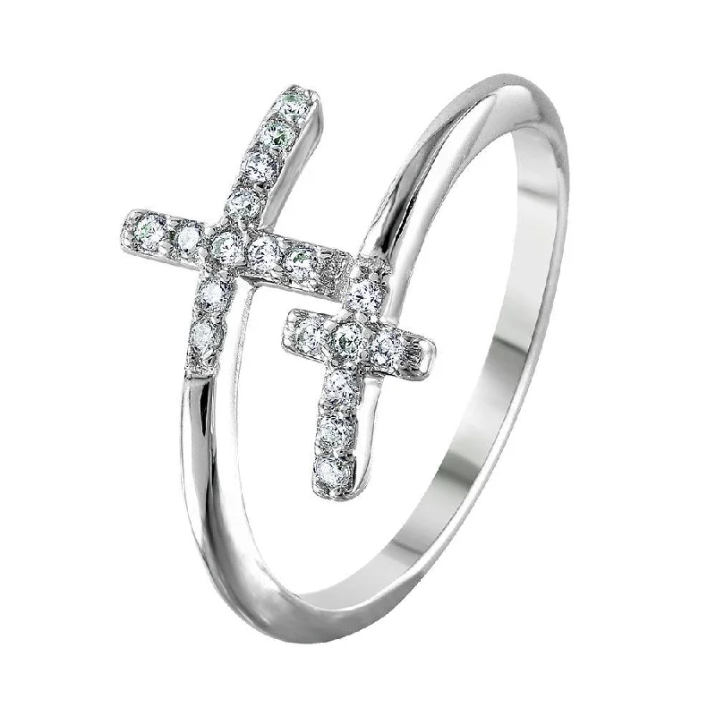 Silver 925 Rhodium Plated Double CZ Cross Ring - BGR01013