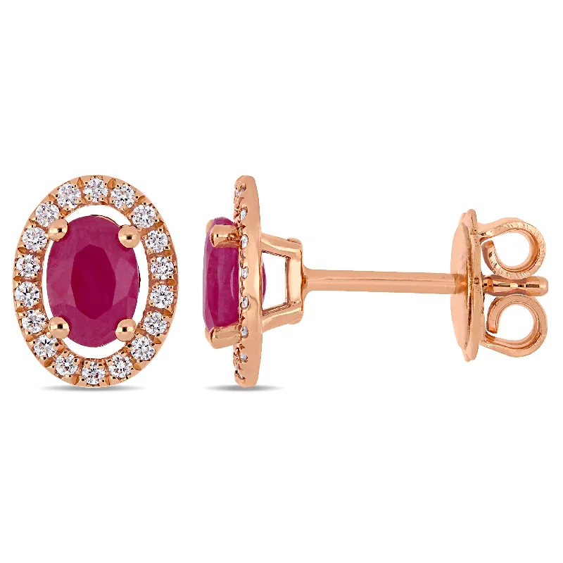 Miadora 14k Rose Gold Ruby and 1/5ct TDW Diamond Oval Halo Stud Earrings