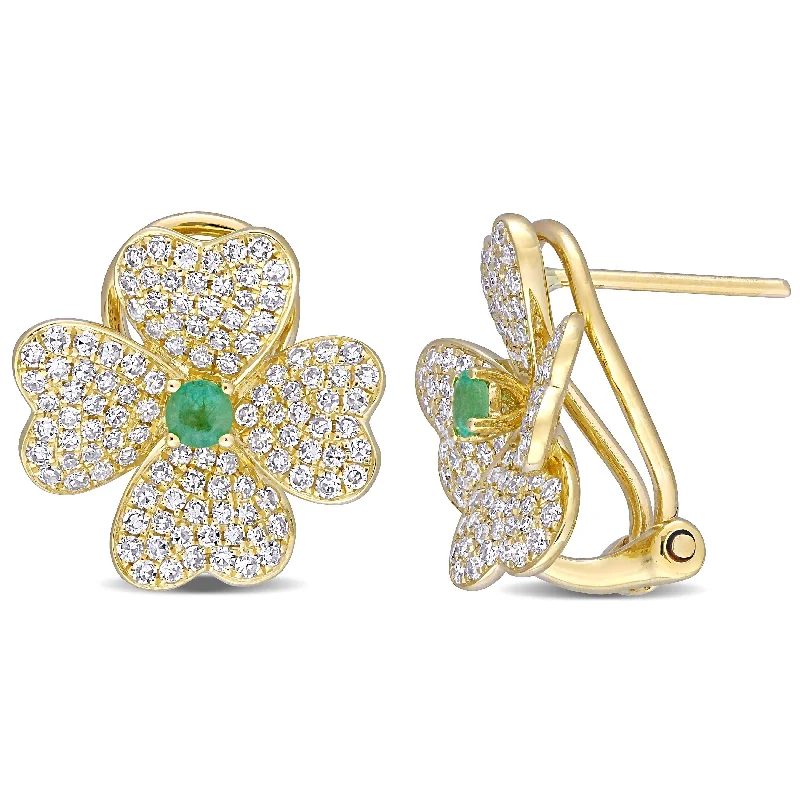 Miadora 18k Yellow Gold Emerald and 1ct TDW Diamond Cluster Floral Earrings - 14.9mm x 15.1mm x 9.3 mm