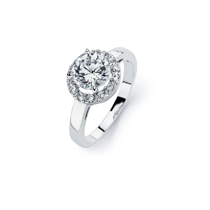 Silver 925 Rhodium Plated Clear Round Center Cluster CZ Bridal Ring - BGR00720