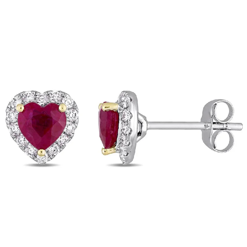 Miadora Signature Collection 14k White Gold with Yellow Gold Prongs Heart-Cut Ruby 1/3ct TDW Diamond Halo Stud Earrings - Red