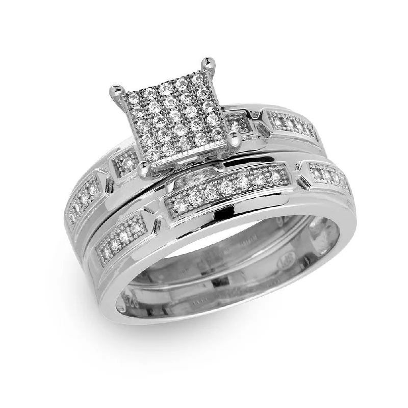 Silver 925 Rhodium Plated Square Pave Center Trio Bridal Ring - GMR00168