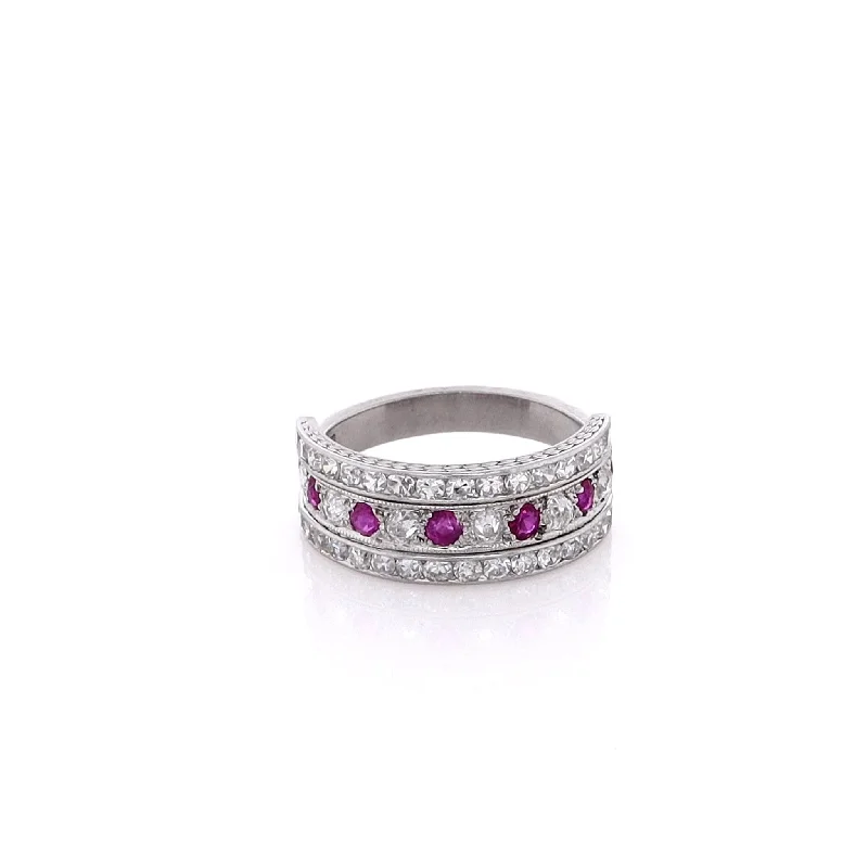 Estate Platinum Ruby and Diamond Ring with Engraved Shank