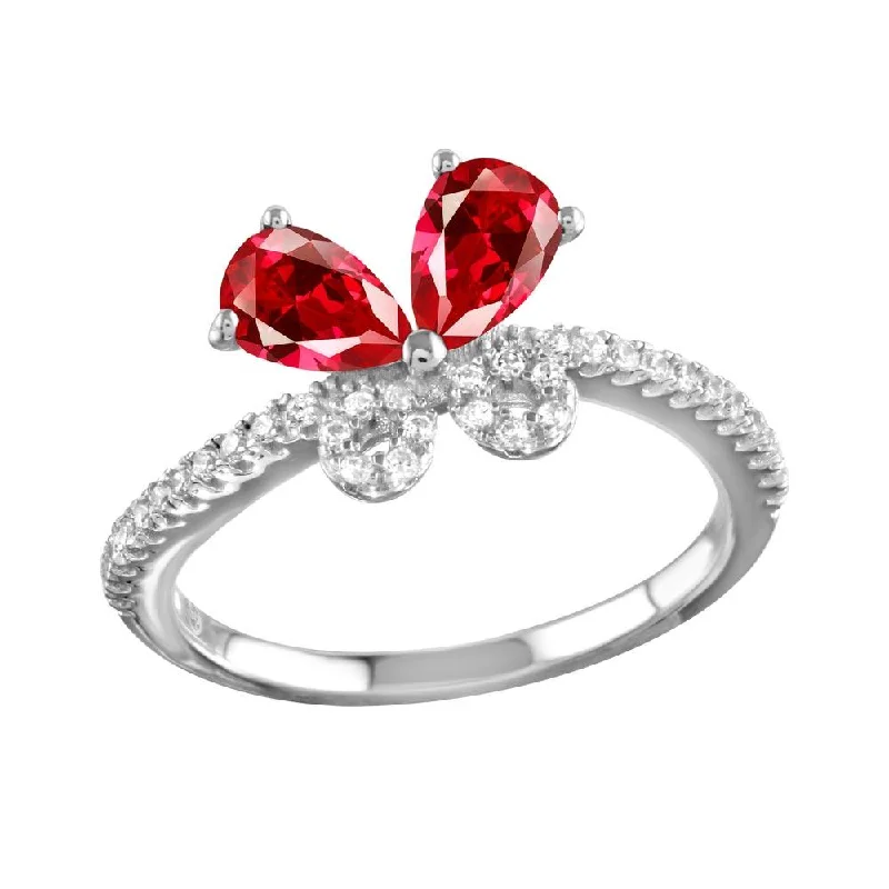 Rhodium Plated 925 Sterling Silver Red Butterfly CZ Ring - BGR01164GAR