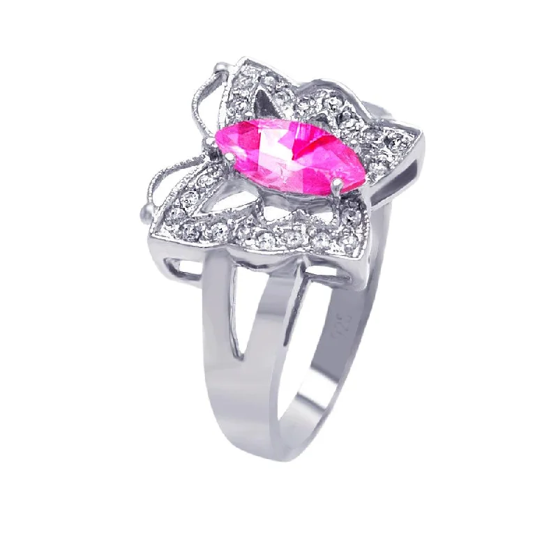 Silver 925 Rhodium Plated Pink Marquise Center Clear CZ Butterfly Ring - AAR0030