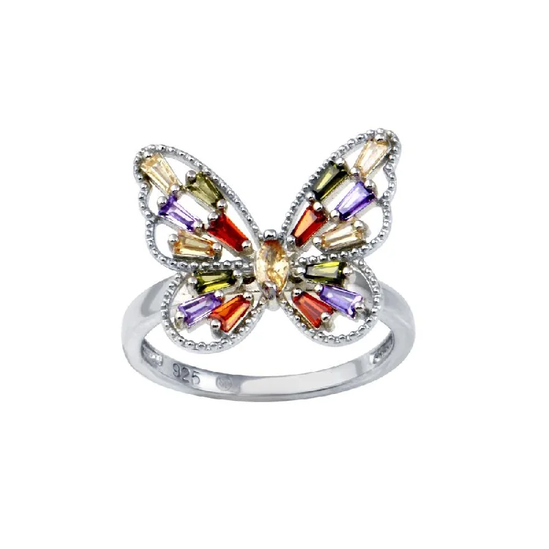 Rhodium Plated 925 Sterling Silver Multi Color Baguette CZ Butterfly Ring - BGR01345