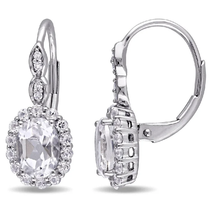 Miadora 14k White Gold Oval-cut White Topaz and Diamond Accent Halo Leverback Drop Earrings