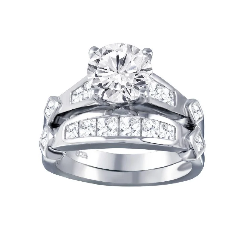 Silver 925 Rhodium Plated Clear CZ Bridal Wedding Ring Set - AAR0047