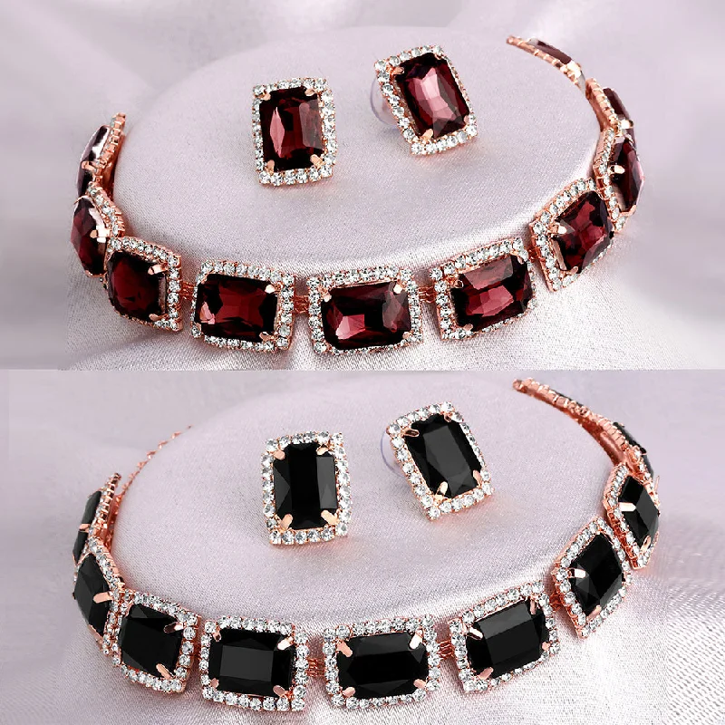 Shrishti Fashion Fashionable Squire Maroon And Black Rose Gold Plated Set Of 2 Collar Necklace Set Combo For Women