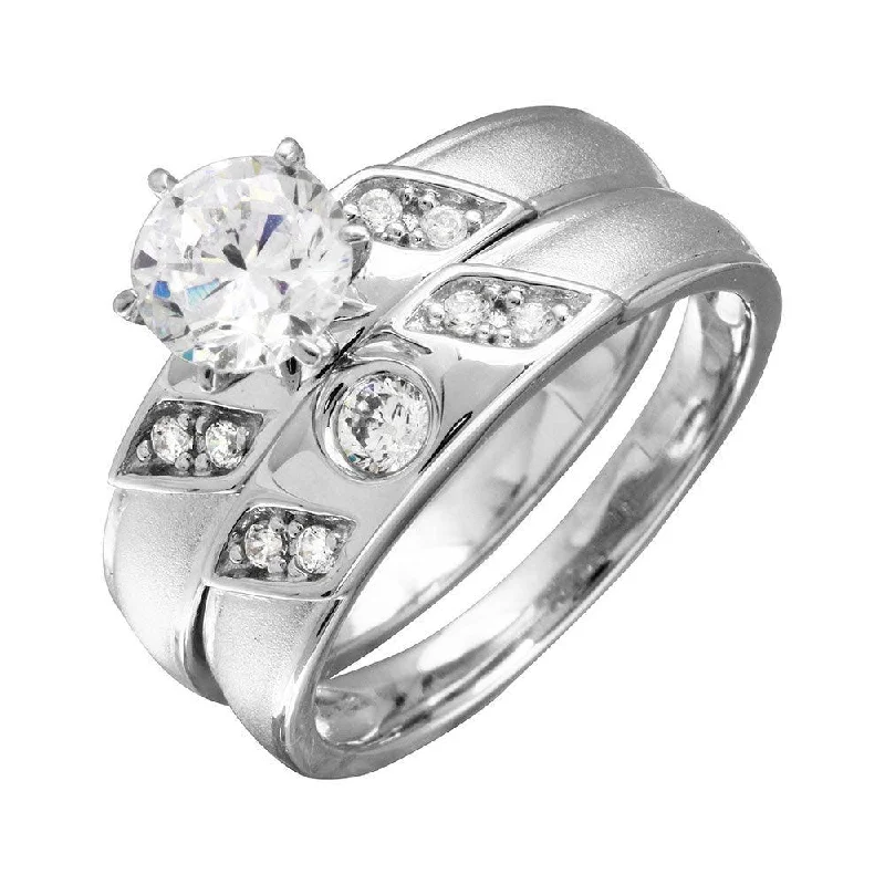 Rhodium Plated 925 Sterling Silver Slash CZ Trios Bridal CZ Ring - GMR00192