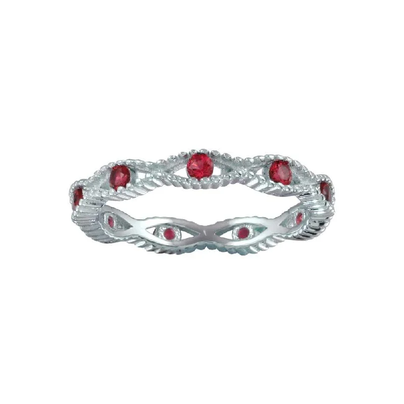 Rhodium Plated 925 Sterling Silver Intersecting Waves Red CZ Ring- BGR01294RED