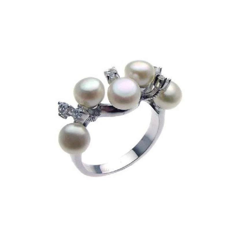 Clearance-Silver 925 Rhodium Plated CZ Multiple Fresh Water Pearl Ring - STR00612