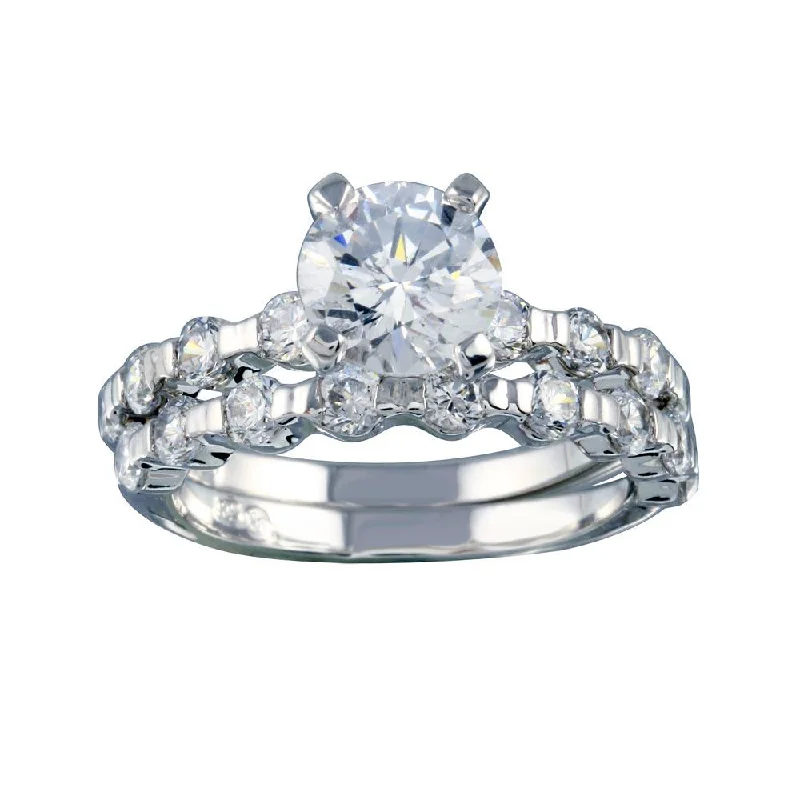 Rhodium Plated 925 Sterling Silver Clear Round Center CZ Bridal Ring Set - BGR00233