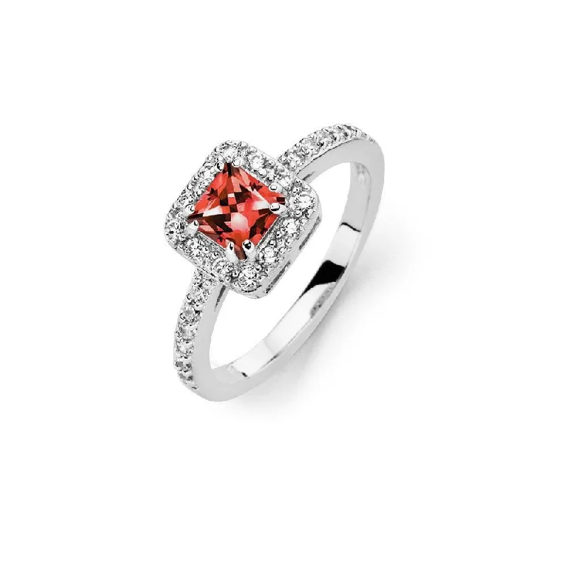 Silver 925 Rhodium Plated Clear Micro Pave Set Red Square Center CZ Bridal Ring - BGR00733