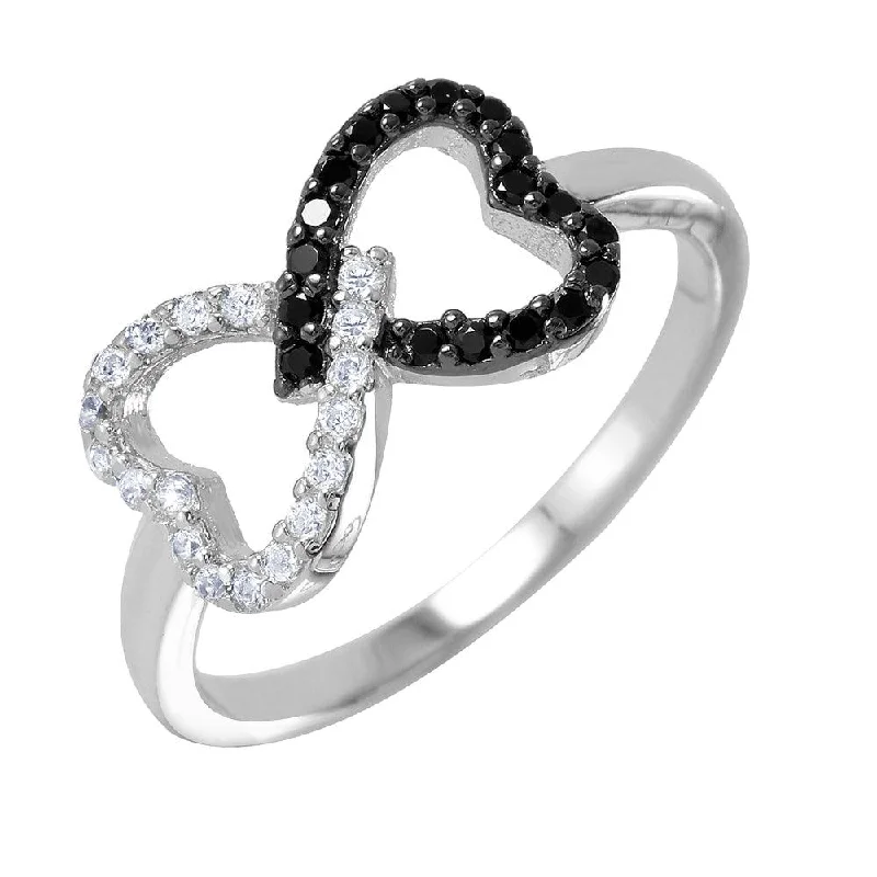 Silver 925 Rhodium and Black Rhodium Plated Open Twin Heart Ring - BGR00942