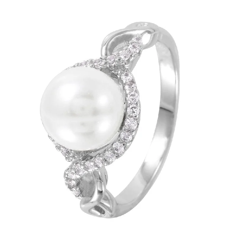 Silver 925 Rhodium Plated CZ Accented Faux Pearl Ring - BGR01000