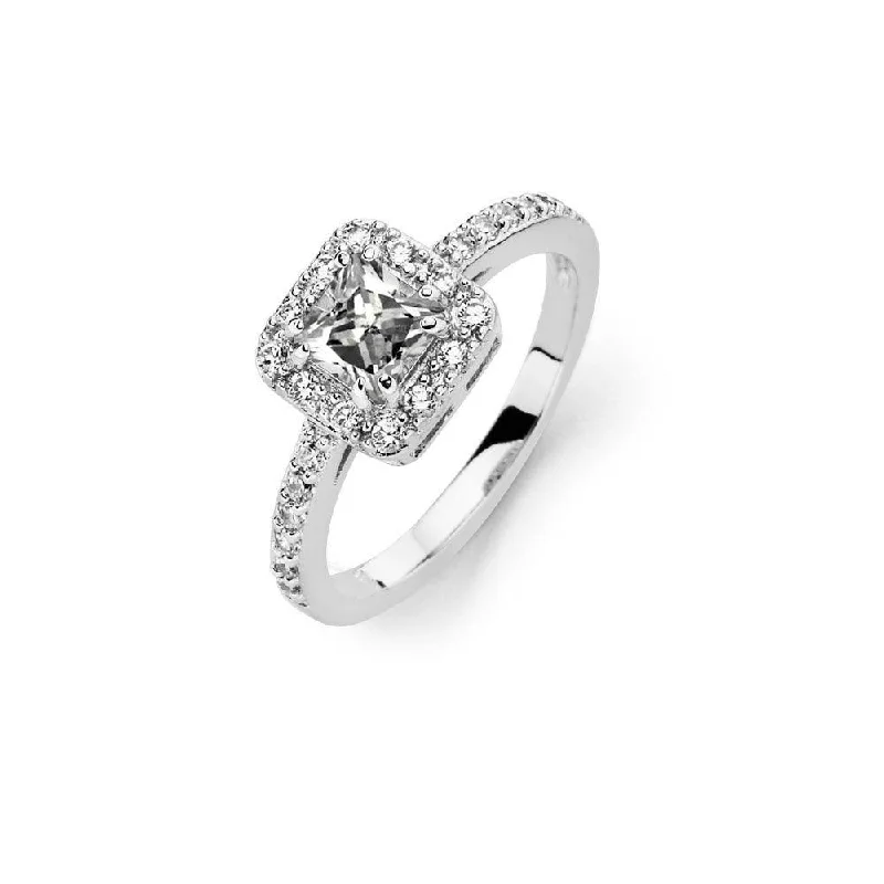 Silver 925 Rhodium Plated Clear Micro Pave Set and Square Center CZ Bridal Ring - BGR00736