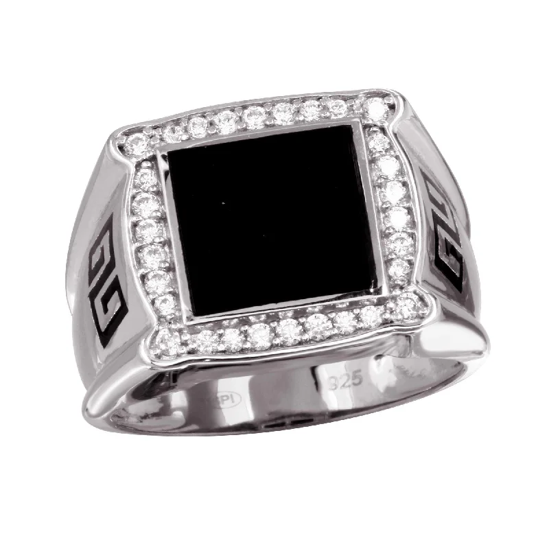 Rhodium Plated 925 Sterling Silver Men's Flat Square Onyx Ring with CZ - GMR00249RH