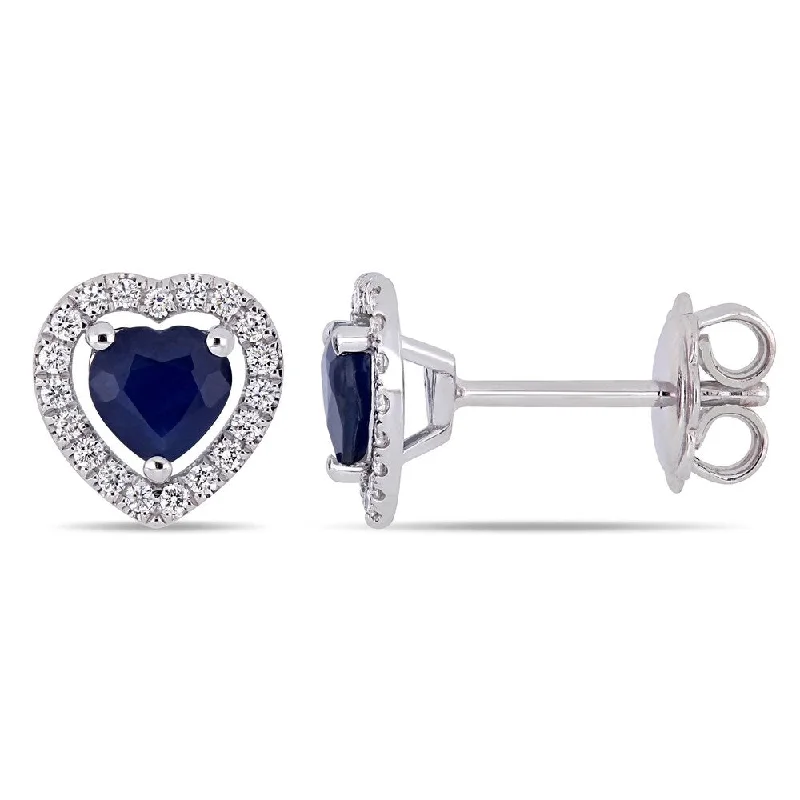 Miadora 14k White Gold Blue Sapphire 1/5ct TDW Diamond Heart Halo Stud Earrings