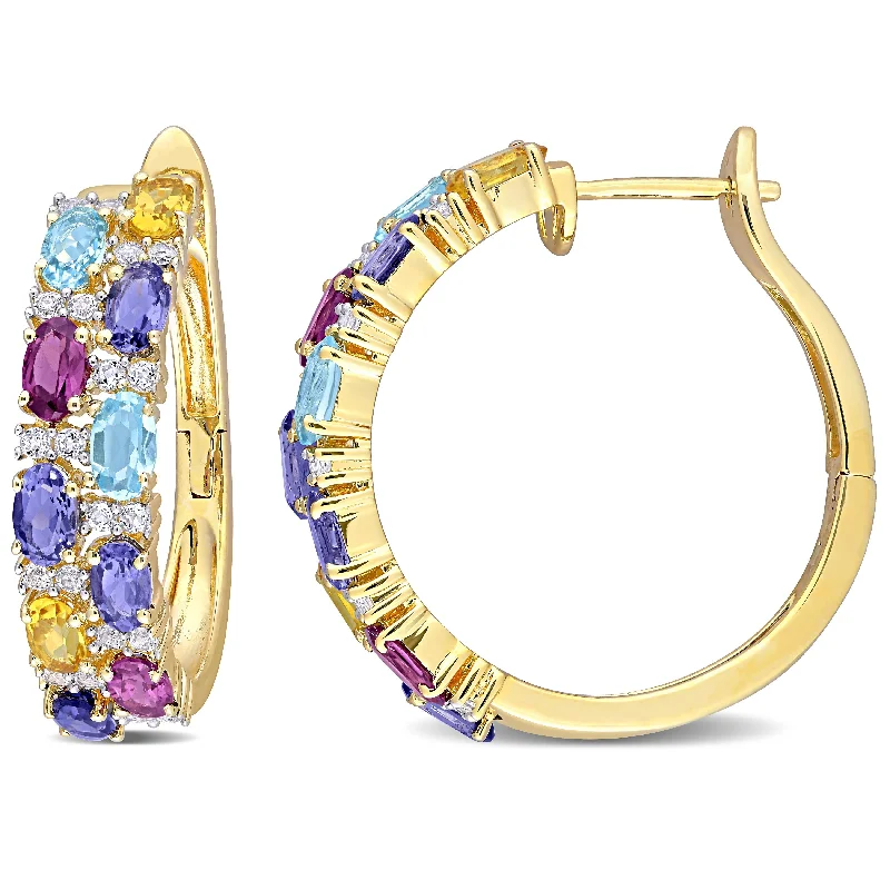 Miadora Yellow Plated Silver Oval-cut Rhodolite, Iolite, Citrine & Topaz Multi-row Hoop Earrings - 28.4mm x 7mm x 28.2mm