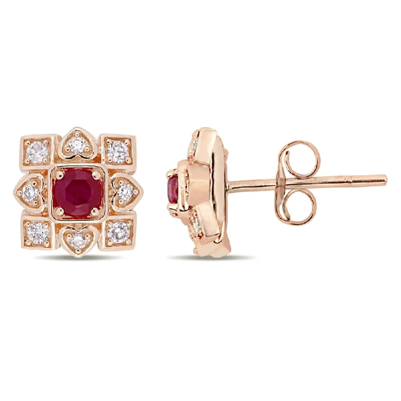 Miadora Signature Collection 10k Rose Gold Ruby and 1/5ct TDW Diamond Clustered Square Halo Artisanal Stud Earrings