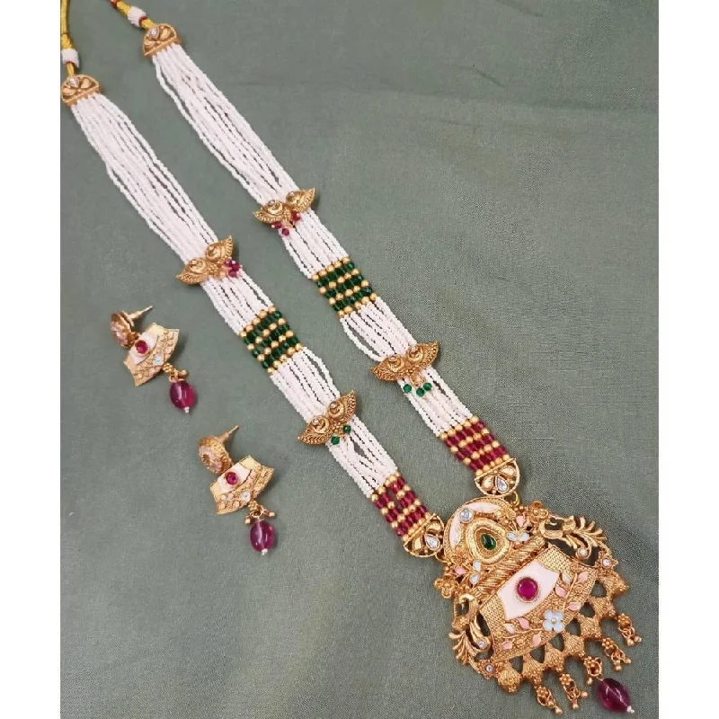 Akruti Collection Gold Plated Kundan Stone Meenakari Pearls Long Necklace Set