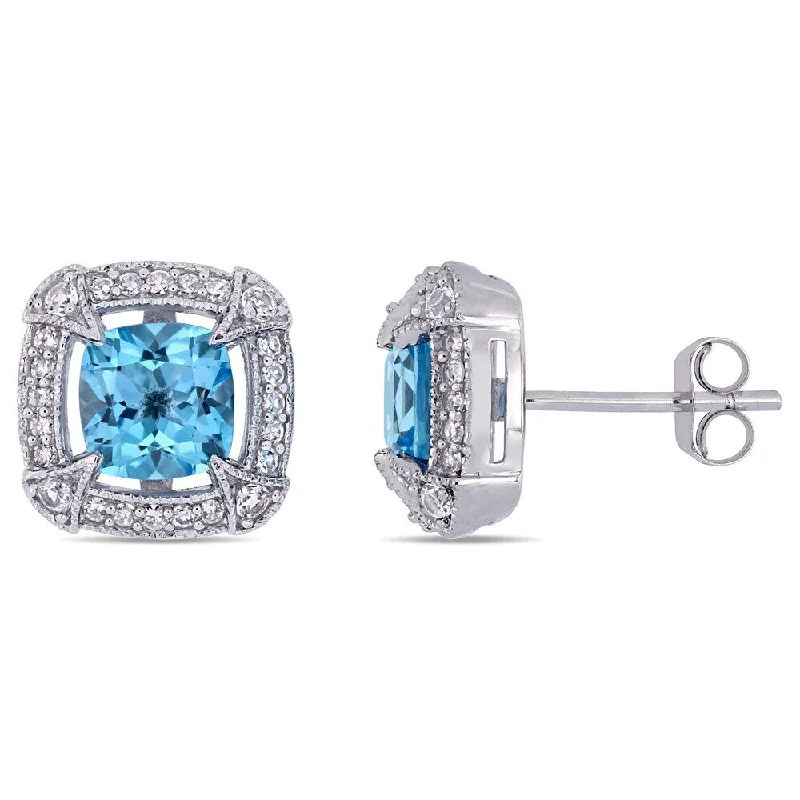 Miadora 10k White Gold Swiss-Blue Topaz White Sapphire and 1/5ct TDW Diamond Stud Earrings