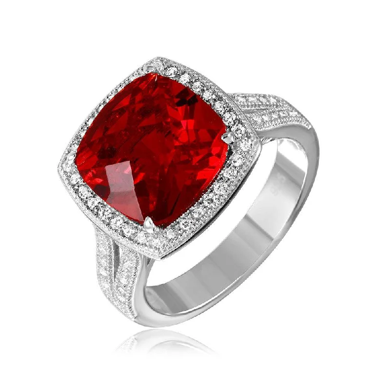 Silver 925 Rhodium Plated Square Halo Red CZ Ring with Micro Pave Stones - GMR00090R