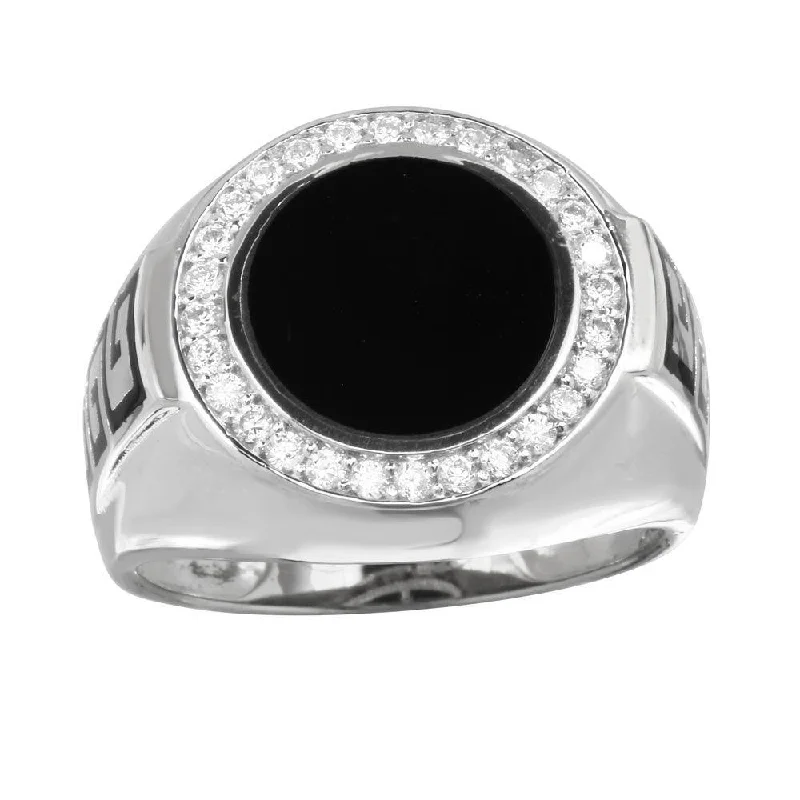 Rhodium Plated 925 Sterling Silver Men's Round Flat Round Onyx Ring with CZ - GMR00254RH