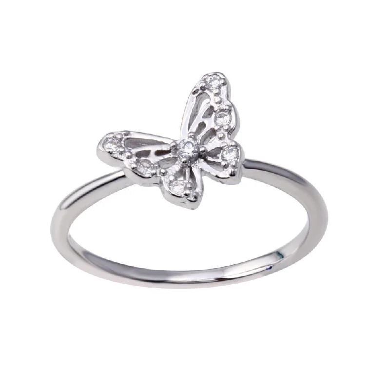 Rhodium Plated 925 Sterling Silver Butterfly Clear CZ Ring - BGR01348