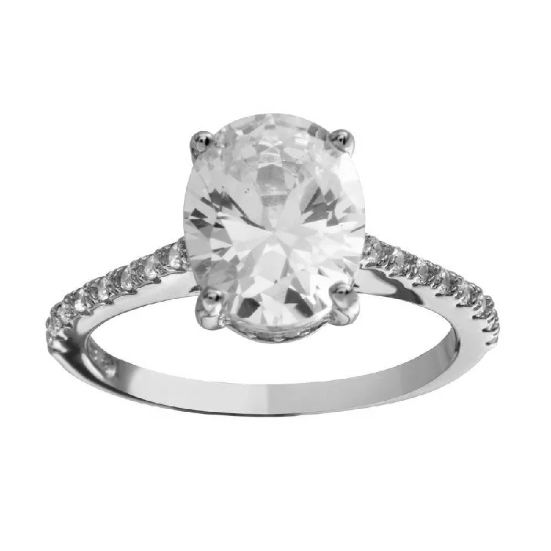 Rhodium Plated 925 Sterling Silver Oval Solitaire CZ Band Ring - BGR01184RHD