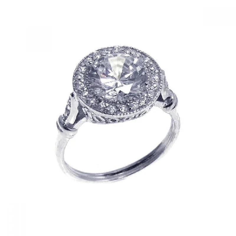 Clearance-Silver 925 Rhodium Plated Round Center and Cluster CZ Ring - STR00524