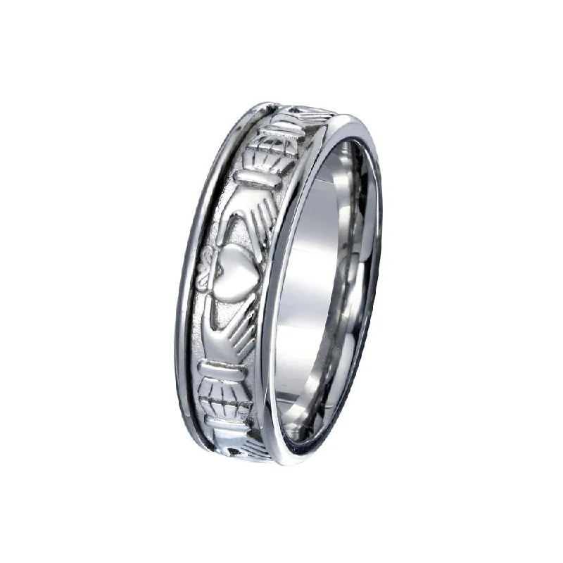 Rhodium Plated 925 Sterling Silver Men's Claddagh Band 6.5mm - EWR00006