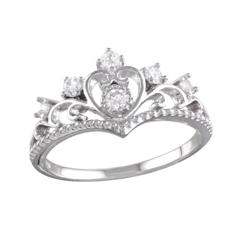 Rhodium Plated 925 Sterling Silver Heart Tiara Ring with CZ - BGR01161