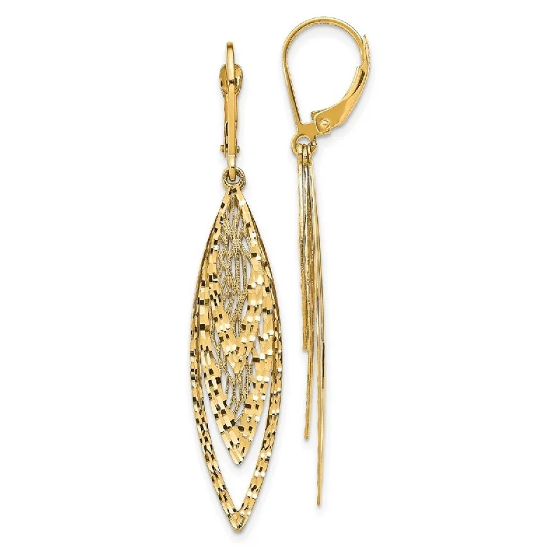 Curata 14k Yellow Gold Textured Marquis shaped Dangle Leverback Earrings - 52.7x9.75mm