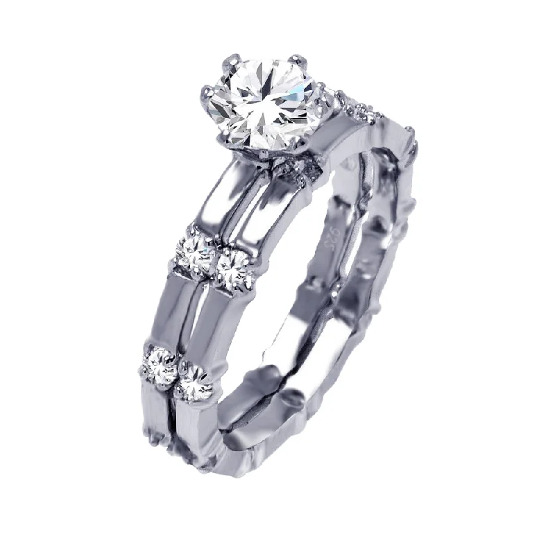 Silver 925 Rhodium Plated Round Center Clear CZ Bridal Ring Set - BGR00384