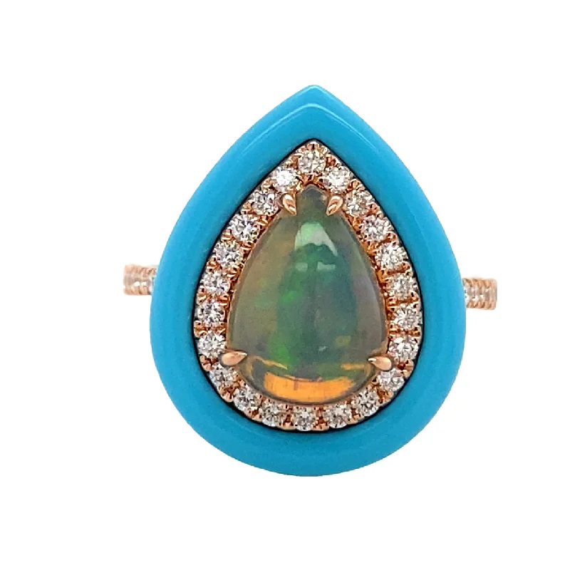 18K Yellow Gold Opal Turquoise and Diamond Ring