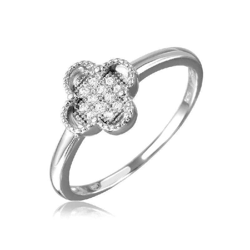 Silver 925 Rhodium Plated Clover Ring with Micro Pave CZ Stones - GMR00085RH