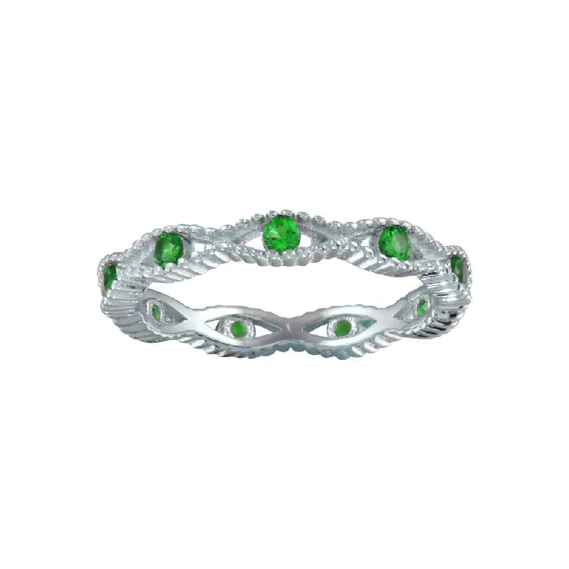 Rhodium Plated 925 Sterling Silver Intersecting Waves Green CZ Ring- BGR01294GRN