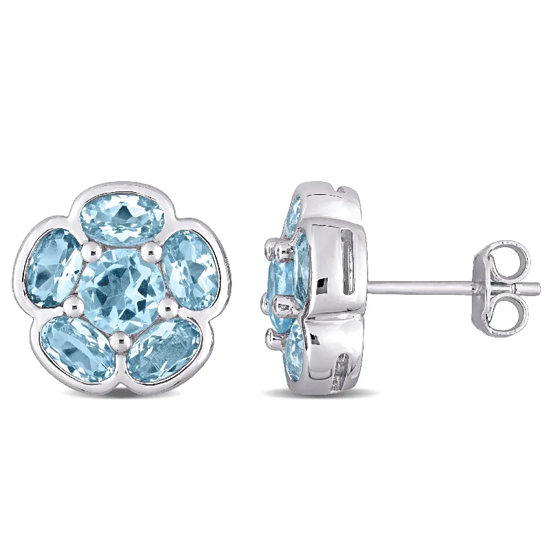 Miadora Sterling Silver Sky Blue Topaz Halo Flower Stud Earrings