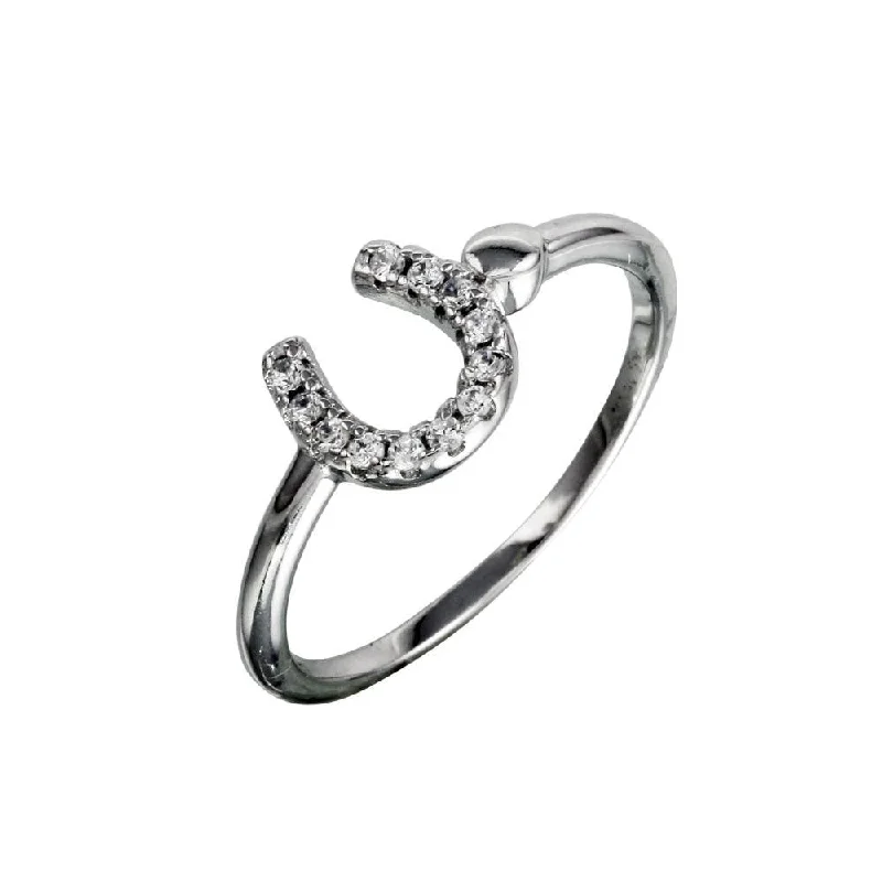 Rhodium Plated 925 Sterling Silver CZ Encrusted Horse Shoe Ring - BGR01130