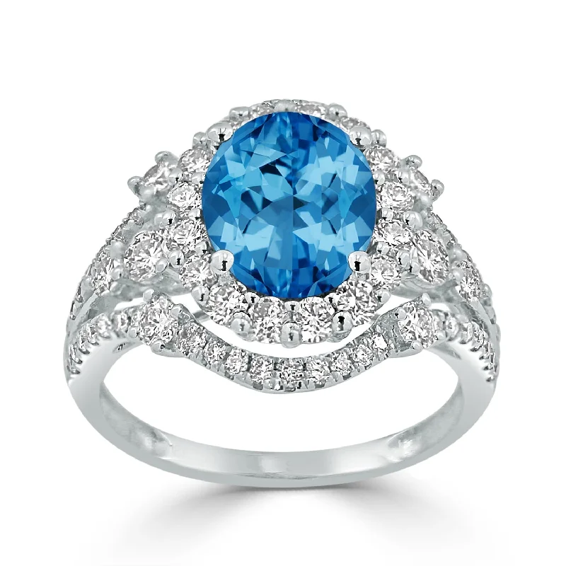 Auriya Vintage 3 1/5ct Oval Blue Topaz and Halo Diamond Ring 1 1/5ctw 18K Gold